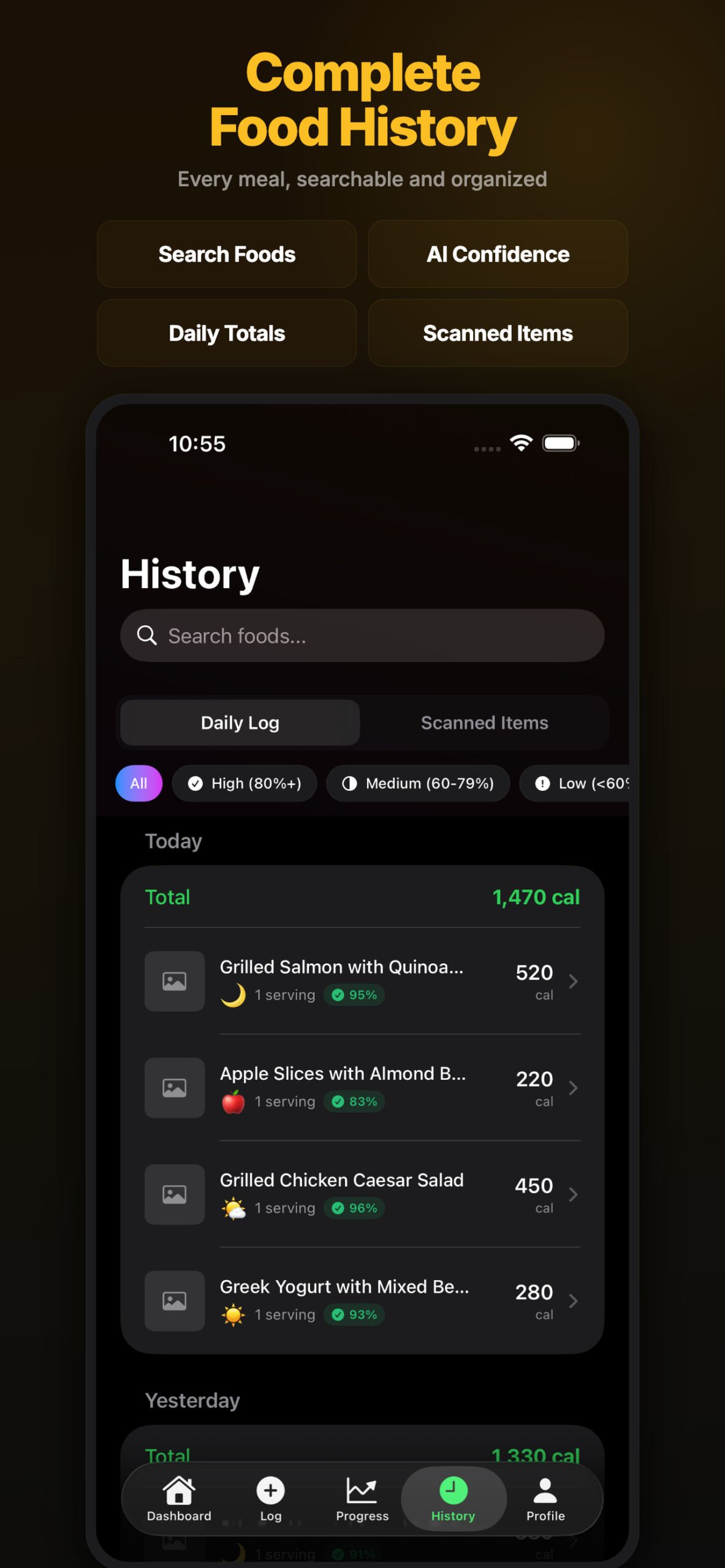 ClearCal Food History