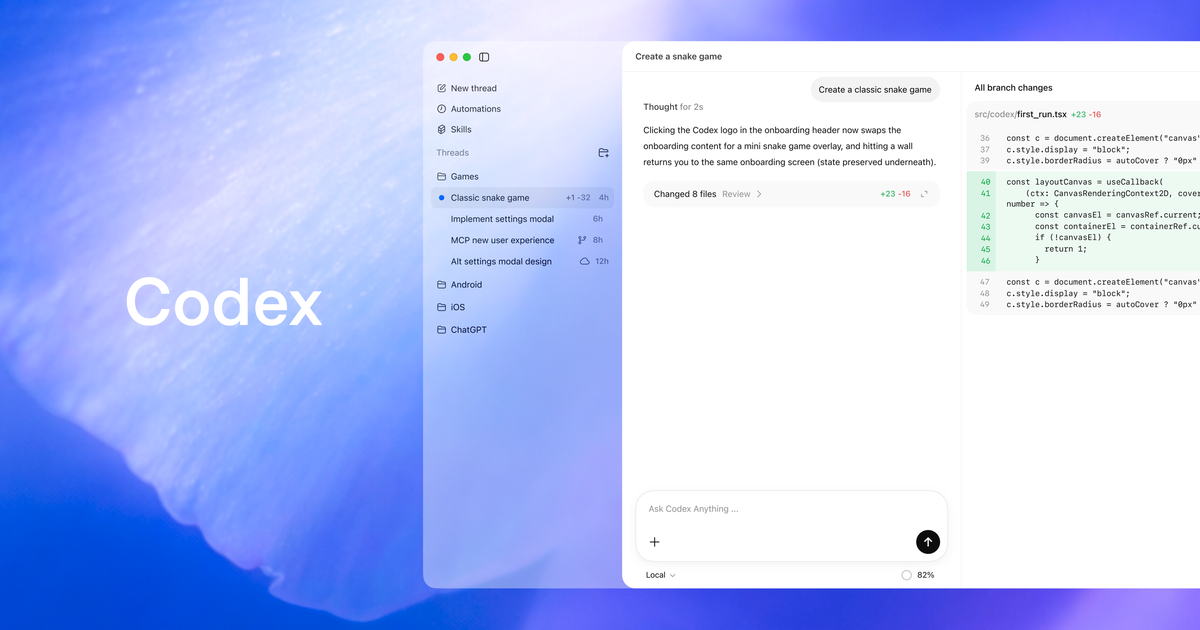 A screenshot of the OpenAI Codex desktop app showing a task sidebar, an integrated browser, and an agent performing macOS system actions.