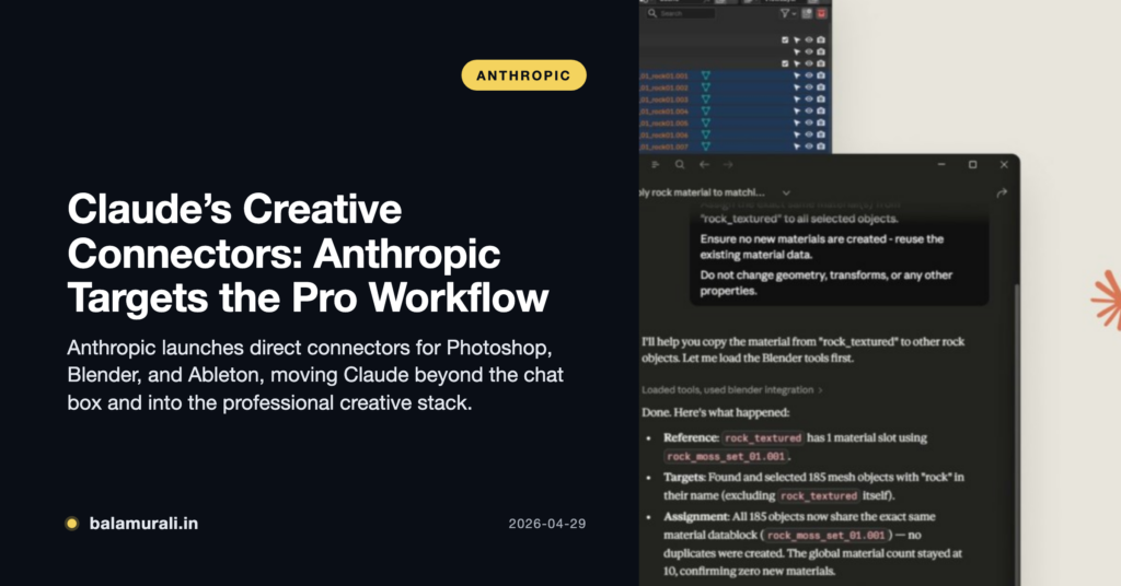 A digital workspace showing Claude's interface interacting with professional creative software like Blender and Photoshop.