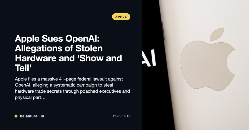A conceptual image of a silicon wafer split between an Apple logo and an OpenAI logo, representing the legal divide over hardware trade secrets.
