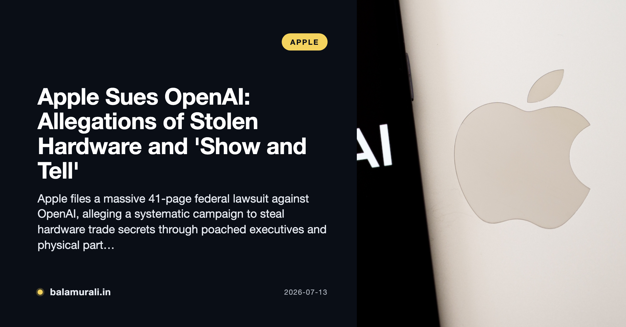 A conceptual image of a silicon wafer split between an Apple logo and an OpenAI logo, representing the legal divide over hardware trade secrets.