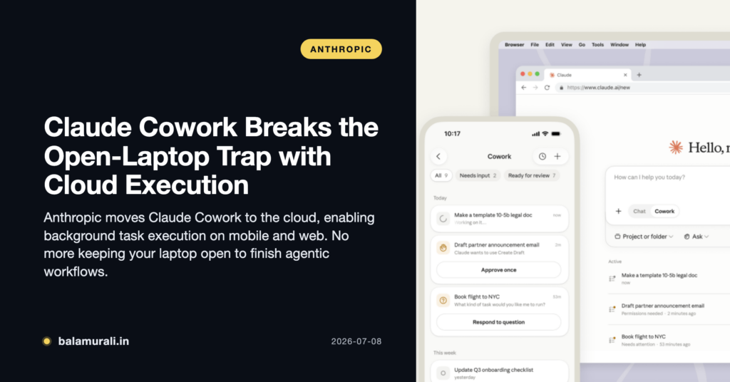 A split screen showing a Claude Cowork task being initiated on a laptop and a notification appearing on a mobile phone while the laptop is closed.