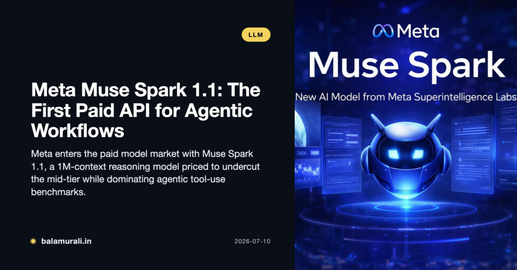 A technical dashboard showing API token usage and agentic tool-calling logs for Meta Muse Spark 1.1.